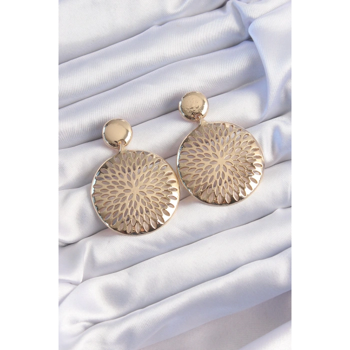 Mey İthalat® Pirinç Gold Renk Oval İşlemeli Küpe