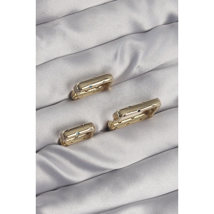 Mey İthalat® Pirinç Gold Renk Renkli Zirkon Taşlı Kare Model Küpe Seti