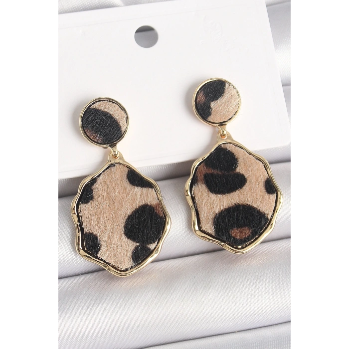 Mey İthalat® Pirinç Gold Renk Sallantı Leopar Desen Plaka Model Kadın Küpe