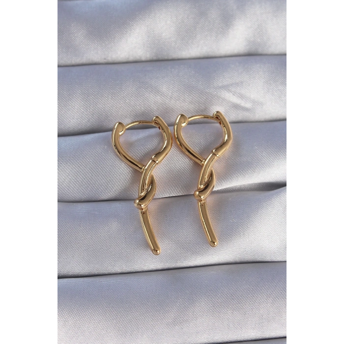 Mey İthalat® Pirinç Gold Renk Sarmal Çubuk Tasarımlı Uzun Küpe