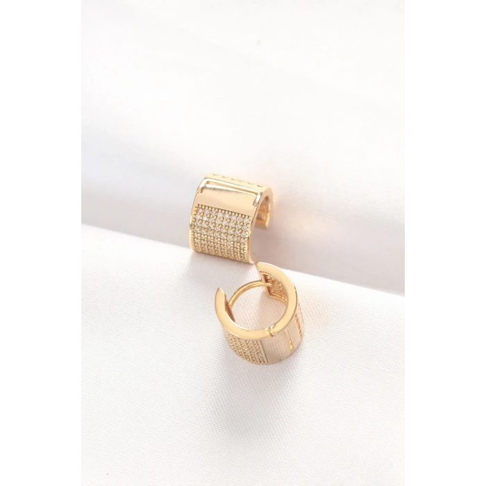 Mey İthalat® Pirinç Gold Renk Taşlı Minimal Küpe