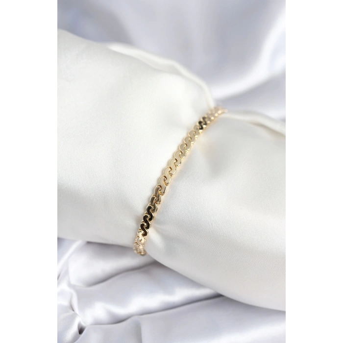 Mey İthalat® Pirinç Gold Renk Yassı Zincir Model Kadın Bileklik