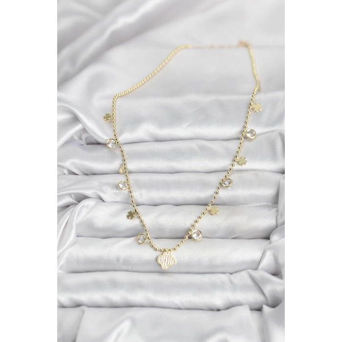Mey İthalat® Pirinç Gold Renk Yonca Model Kadın Kolye