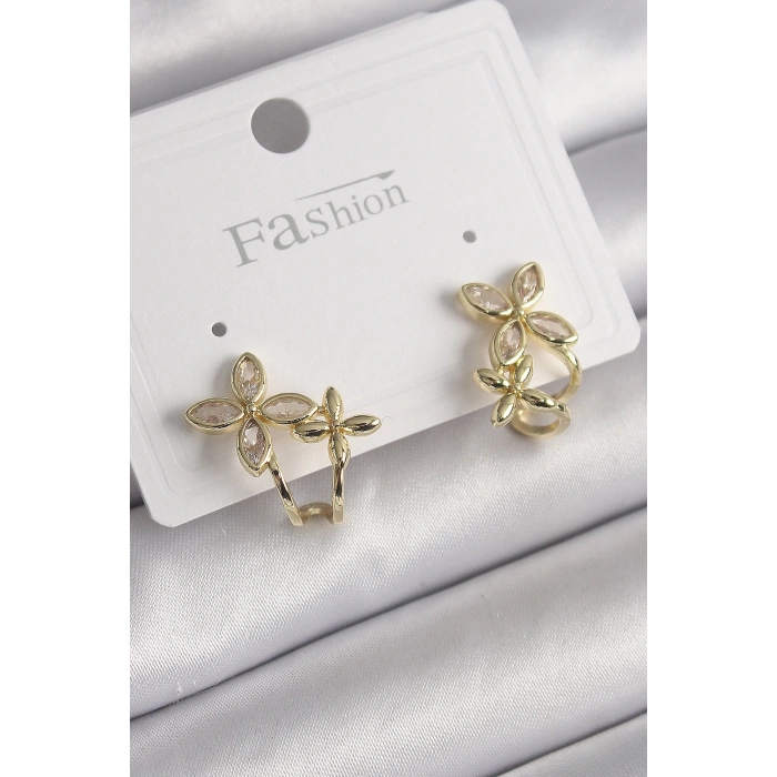 Mey İthalat® Pirinç Gold Renk Zirkon Taşlı 2Li Çiçek Model Kadın Küpe