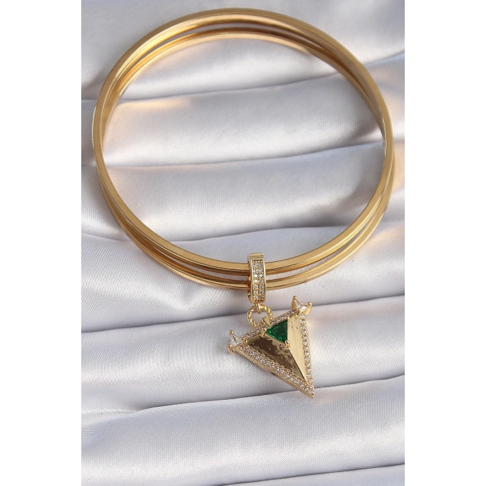 Mey İthalat® Pirinç Gold Renk Zirkon Taşlı 3D Üçgen Model Ajda Charm