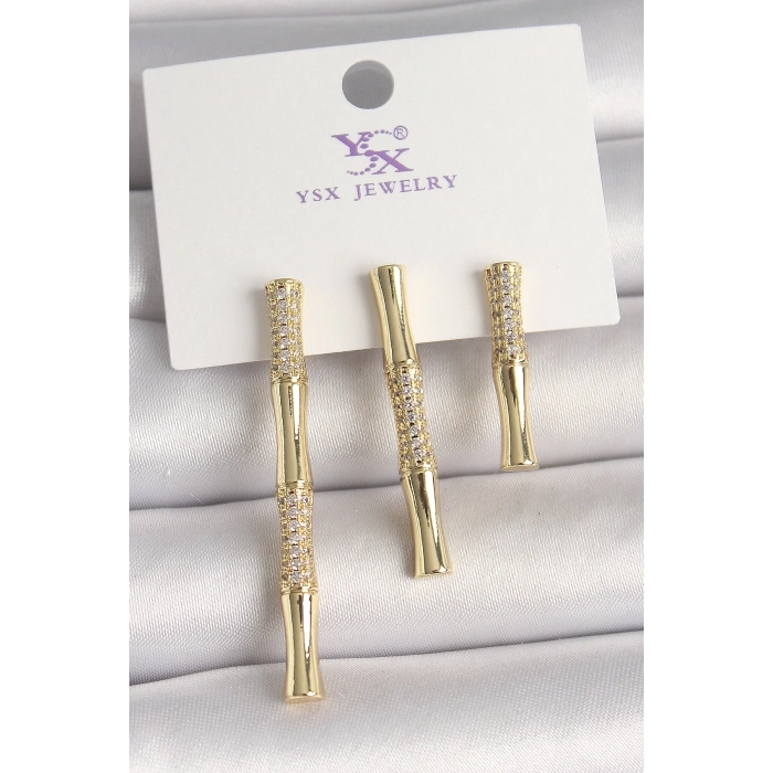 Mey İthalat® Pirinç Gold Renk Zirkon Taşlı Bambu Model 3Lü Kadın Kombin Küpe