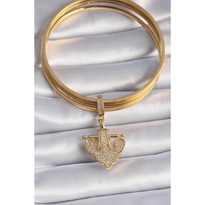 Mey İthalat® Pirinç Gold Renk Zirkon Taşlı Çapa Model Ajda Charm