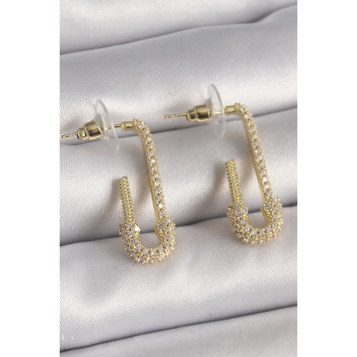 Mey İthalat® Pirinç Gold Renk Zirkon Taşlı Çengelli İğne Model Kadın Küpe