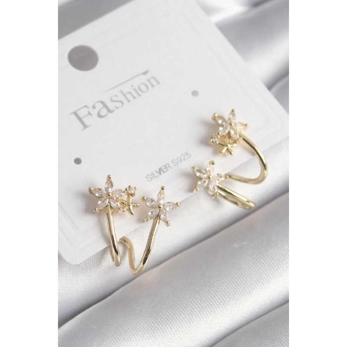 Mey İthalat® Pirinç Gold Renk Zirkon Taşlı Çiçek Model Kadın Küpe