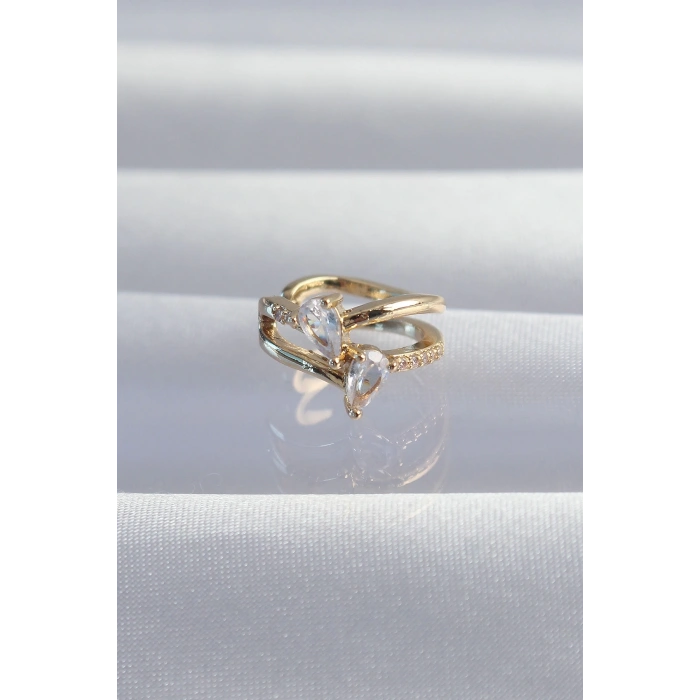 Mey İthalat® Pirinç Gold Renk Zirkon Taşlı Damla Earcuff Küpe