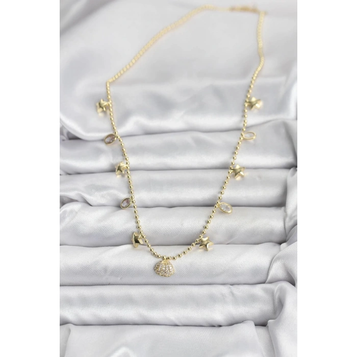Mey İthalat® Pirinç Gold Renk Zirkon Taşlı Deniz Kabuğu Model Kadın Kolye