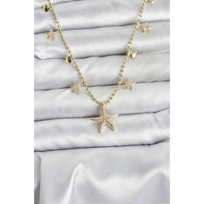 Mey İthalat® Pirinç Gold Renk Zirkon Taşlı Deniz Yıldızı Model Kadın Kolye