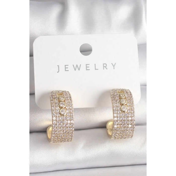 Mey İthalat® Pirinç Gold Renk Zirkon Taşlı Halka Messika Model Kadın Küpe