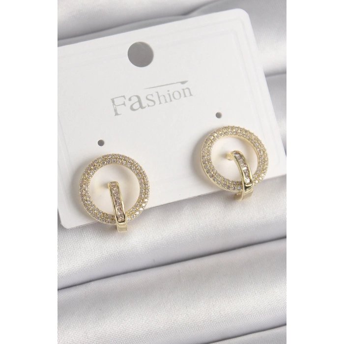 Mey İthalat® Pirinç Gold Renk Zirkon Taşlı Halka Model Kadın Küpe