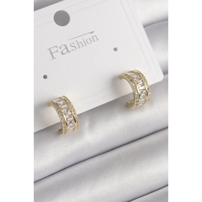 Mey İthalat® Pirinç Gold Renk Zirkon Taşlı Halka Model Kadın Küpe
