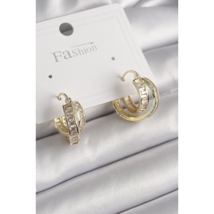 Mey İthalat® Pirinç Gold Renk Zirkon Taşlı Halka Model Kadın Küpe