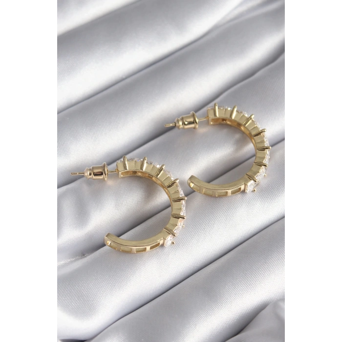 Mey İthalat® Pirinç Gold Renk Zirkon Taşlı Halka Model Kadın Küpe