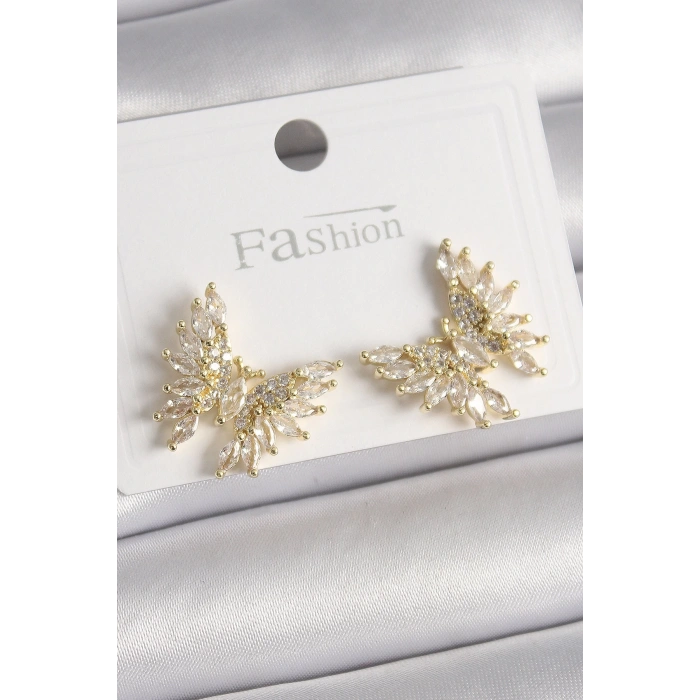 Mey İthalat® Pirinç Gold Renk Zirkon Taşlı Kelebek Model Kadın Küpe