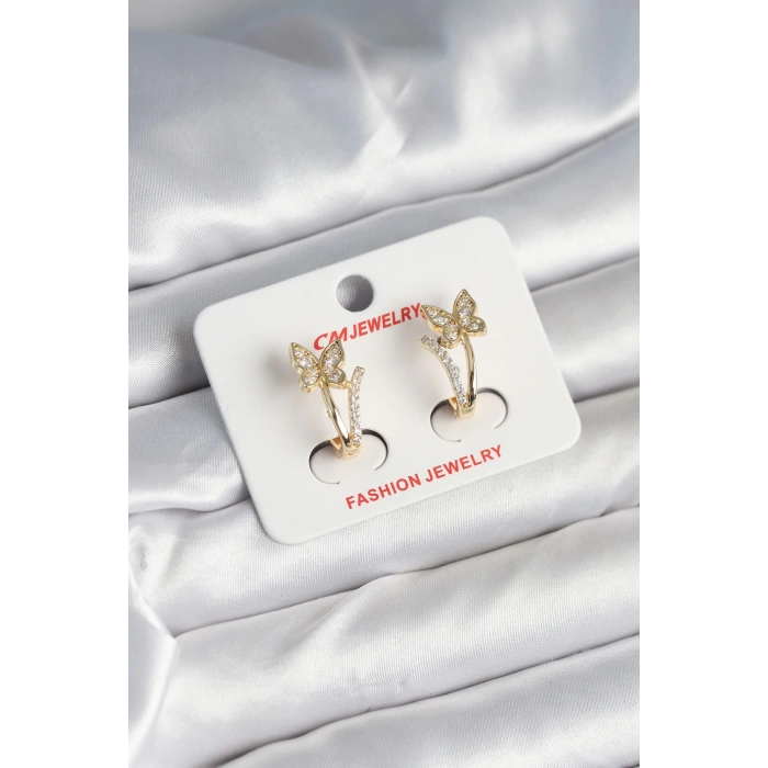Mey İthalat® Pirinç Gold Renk Zirkon Taşlı Kelebek Model Kadın Küpe