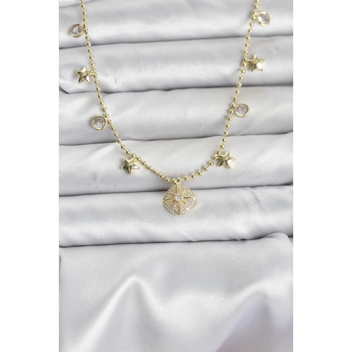 Mey İthalat® Pirinç Gold Renk Zirkon Taşlı Kutup Yıldızı Model Kadın Kolye