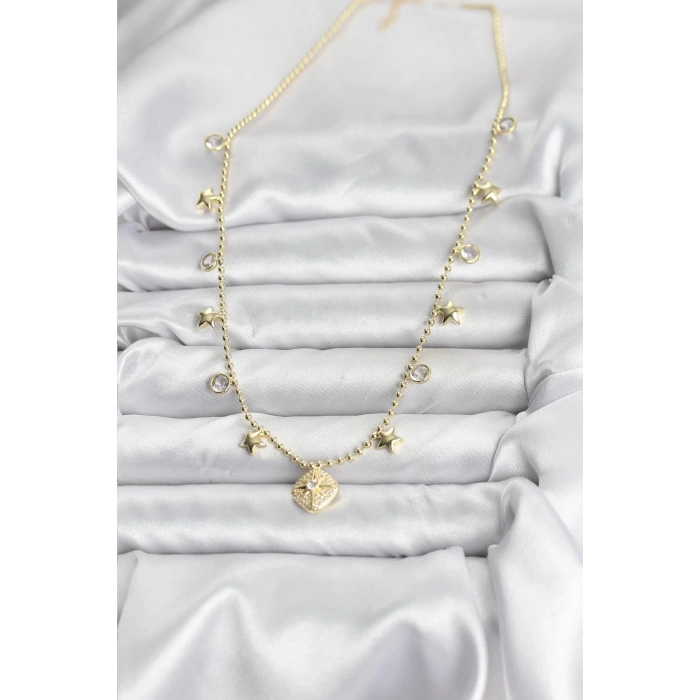 Mey İthalat® Pirinç Gold Renk Zirkon Taşlı Kutup Yıldızı Model Kadın Kolye