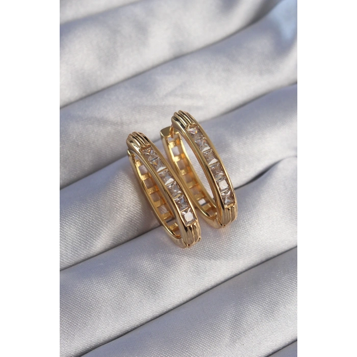 Mey İthalat® Pirinç Gold Renk Zirkon Taşlı Oval Model Küpe