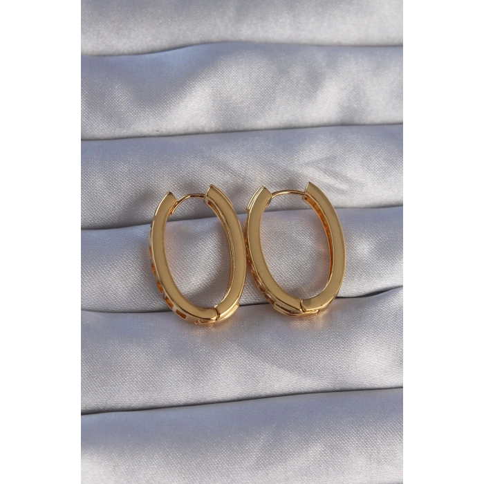 Mey İthalat® Pirinç Gold Renk Zirkon Taşlı Oval Model Küpe