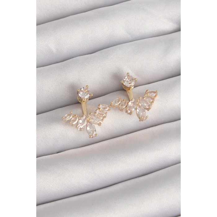 Mey İthalat® Pirinç Gold Renk Zirkon Taşlı V Model Küpe