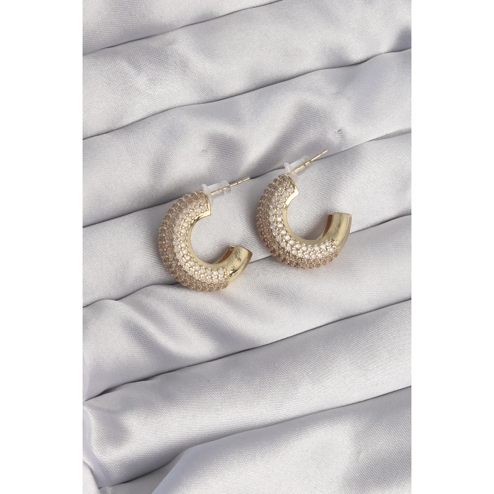 Mey İthalat® Pirinç Gold Renk Zirkon Taşlı Yarım Halka Küpe