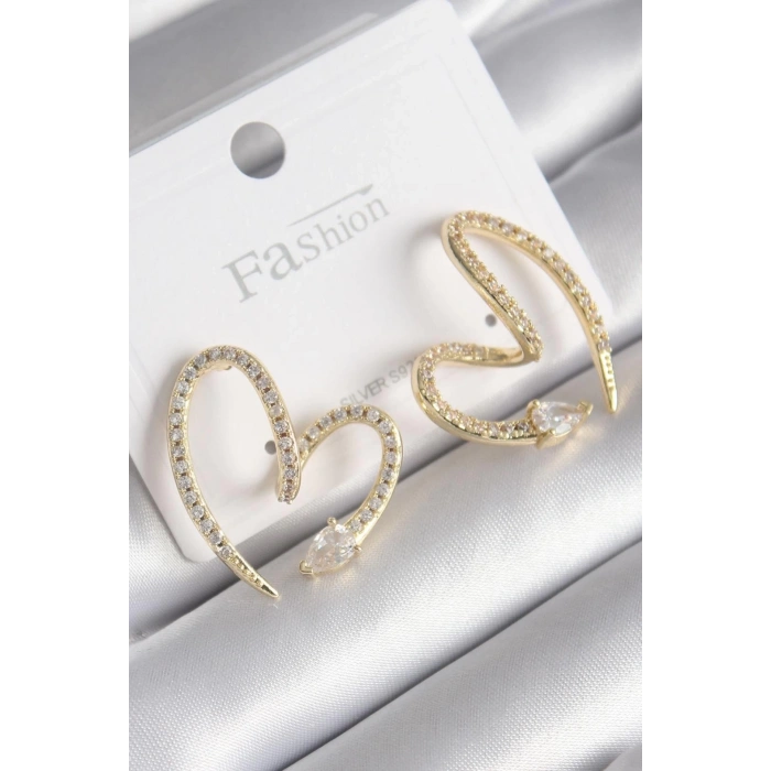 Mey İthalat® Pirinç Gold Renk Zirkon Taşlı Yılan Kalp Model Kadın Küpe