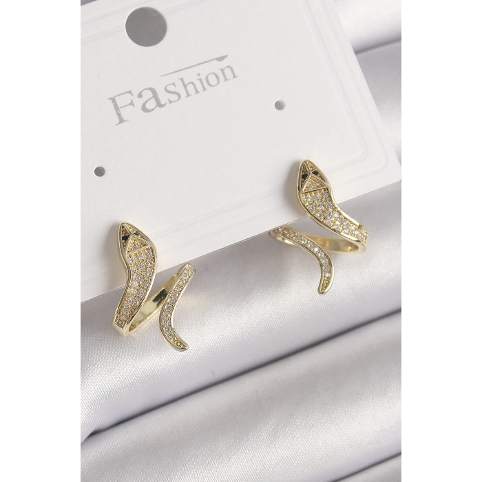 Mey İthalat® Pirinç Gold Renk Zirkon Taşlı Yılan Model Kadın Küpe