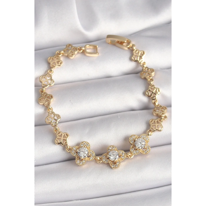 Mey İthalat® Pirinç Gold Renk Zirkon Taşlı Yonca Model Kadın Bileklik