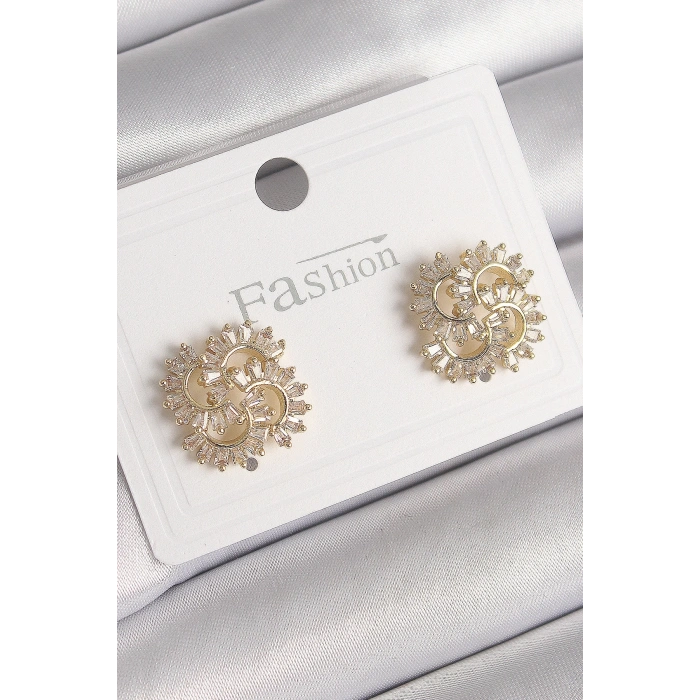 Mey İthalat® Pirinç Gold Renk Zirkon Taşlı Yonca Model Kadın Küpe