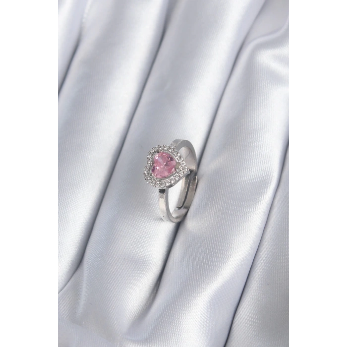 Mey İthalat® Pirinç Gümüş Renk Pembe Zirkon Taşlı Charm Model Kadın Yüzük