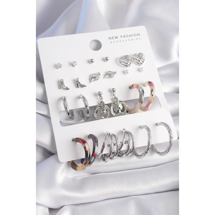 Mey İthalat® Pirinç Gümüş Renk Zirkon Taş Detaylı 12 Çift Kadın Küpe