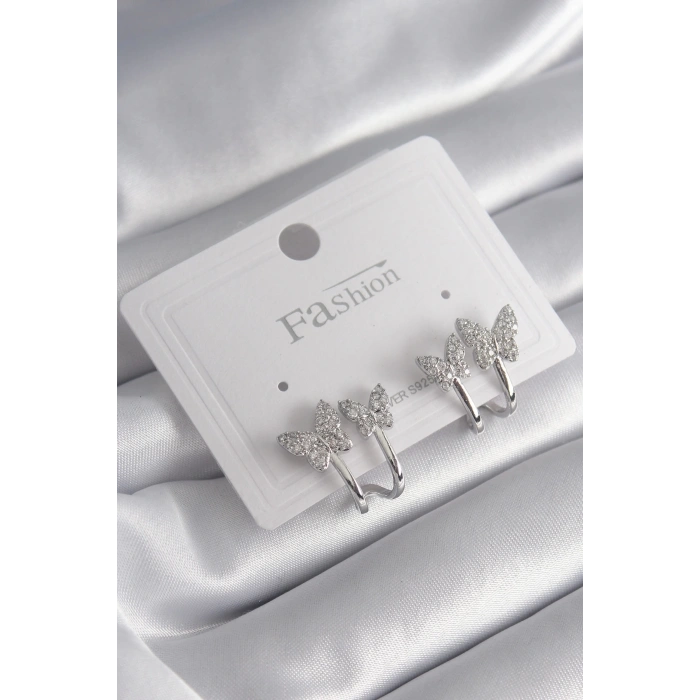 Mey İthalat® Pirinç Gümüş Renk Zirkon Taşlı Kelebek Model Kadın Küpe