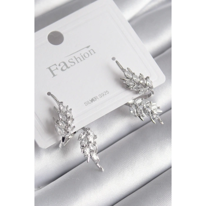 Mey İthalat® Pirinç Gümüş Renk Zirkon Taşlı Yaprak Model Kadın Küpe