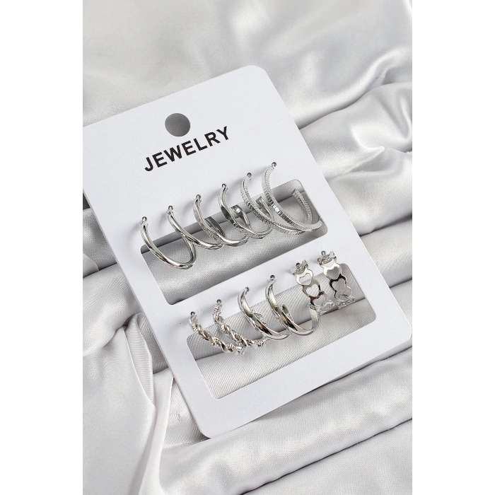 Mey İthalat® Pirinç Karışık Halka Model Gümüş Renk 6 Çift Kadın Küpe Set