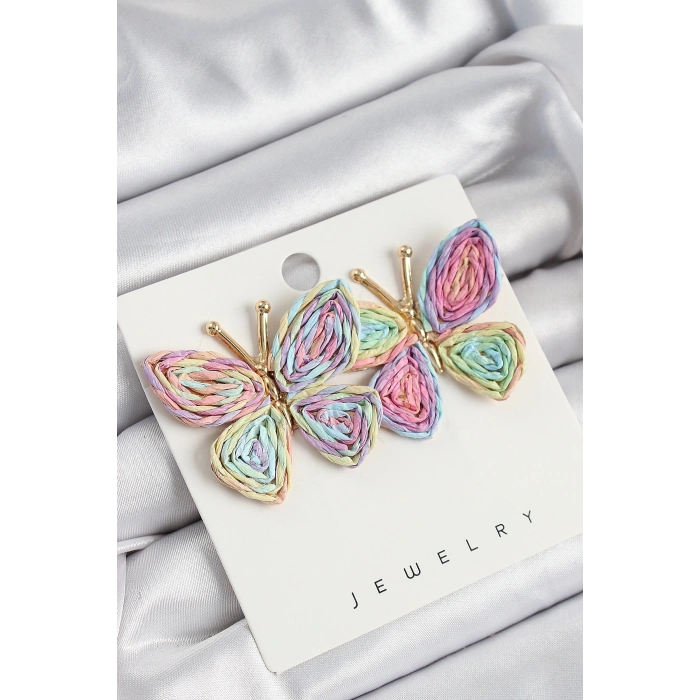 Mey İthalat® Pirinç Rainbow Kelebek Model Gold Renk Kadın Hasır Küpe