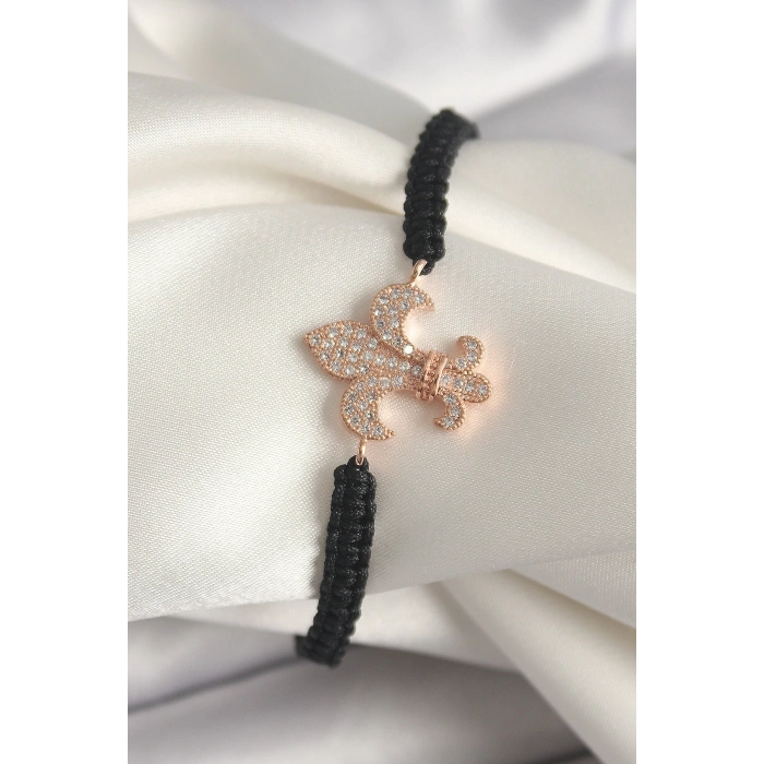 Mey İthalat® Pirinç Rose Renk Zirkon Taşlı Zambak Model Asansörlü Makrome Model Kadın Bileklik