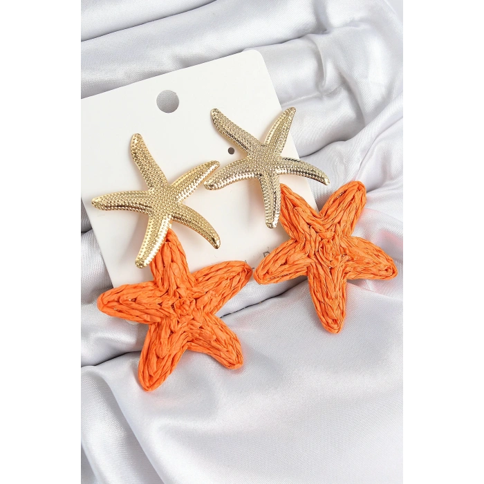 Mey İthalat® Pirinç Sallantılı Turuncu Deniz Yıldızı Model Gold Renk Hasır Küpe