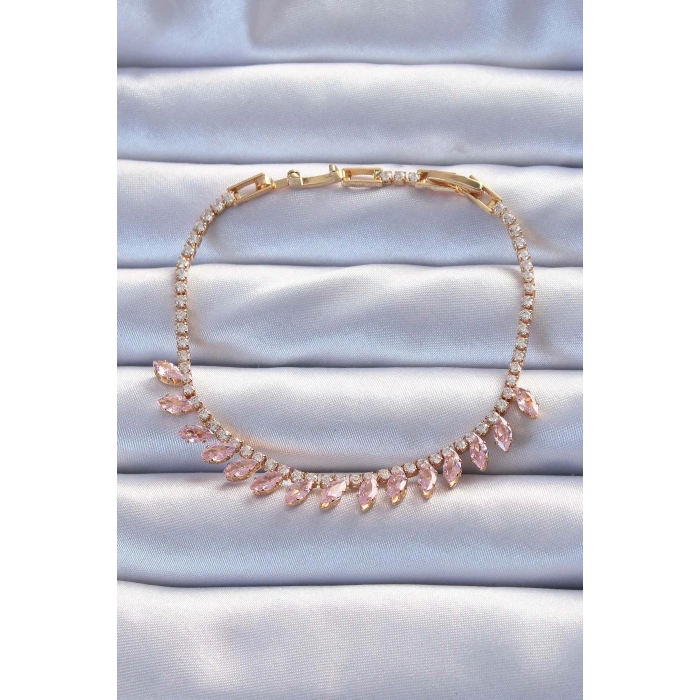 Mey İthalat® Pirinç Vip Seri Altın Renk Pembe Zirkon Taşlı Bileklik