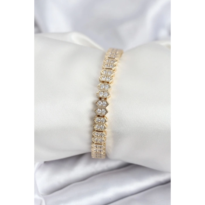 Mey İthalat® Pirinç VIP Seri Gold Renk Zirkon Taşlı Kadın Bileklik