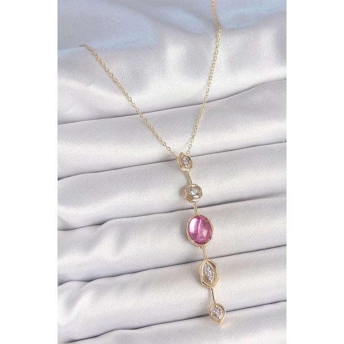 Mey İthalat® Pirinç Zincir Gold Renk Pembe Zirkon Taşlı Y Kolye