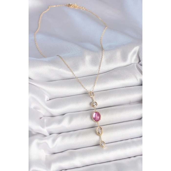 Mey İthalat® Pirinç Zincir Gold Renk Pembe Zirkon Taşlı Y Kolye