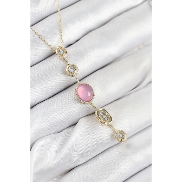 Mey İthalat® Pirinç Zincir Pembe Gold Renk Zirkon Taşlı Y Kolye
