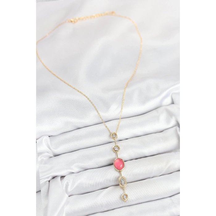 Mey İthalat® Pirinç Zincir Pembe Gold Renk Zirkon Taşlı Y Kolye