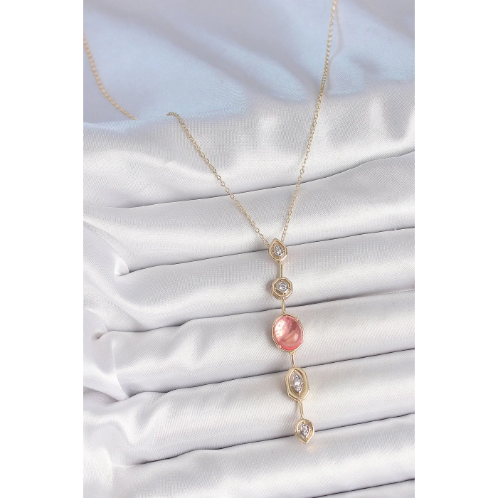 Mey İthalat® Pirinç Zincir Pembe Gold Renk Zirkon Taşlı Y Kolye