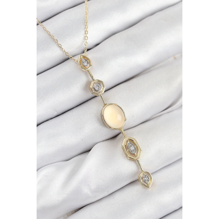 Mey İthalat® Pirinç Zincir Sarı Gold Renk Zirkon Taşlı Y Kolye