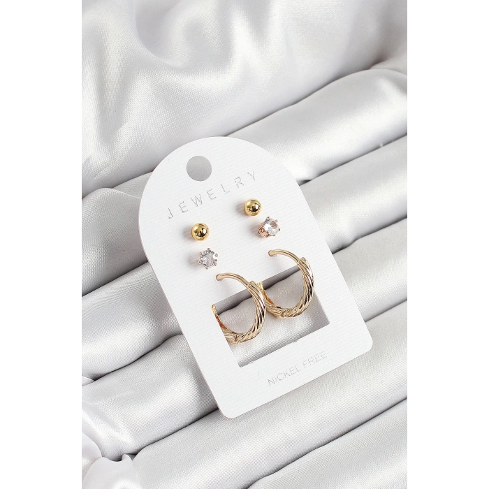 Mey İthalat® Pirinç Zirkon Taş Ve Halka Figürlü Gold Renk 3lü Çift Kadın Küpe Set
